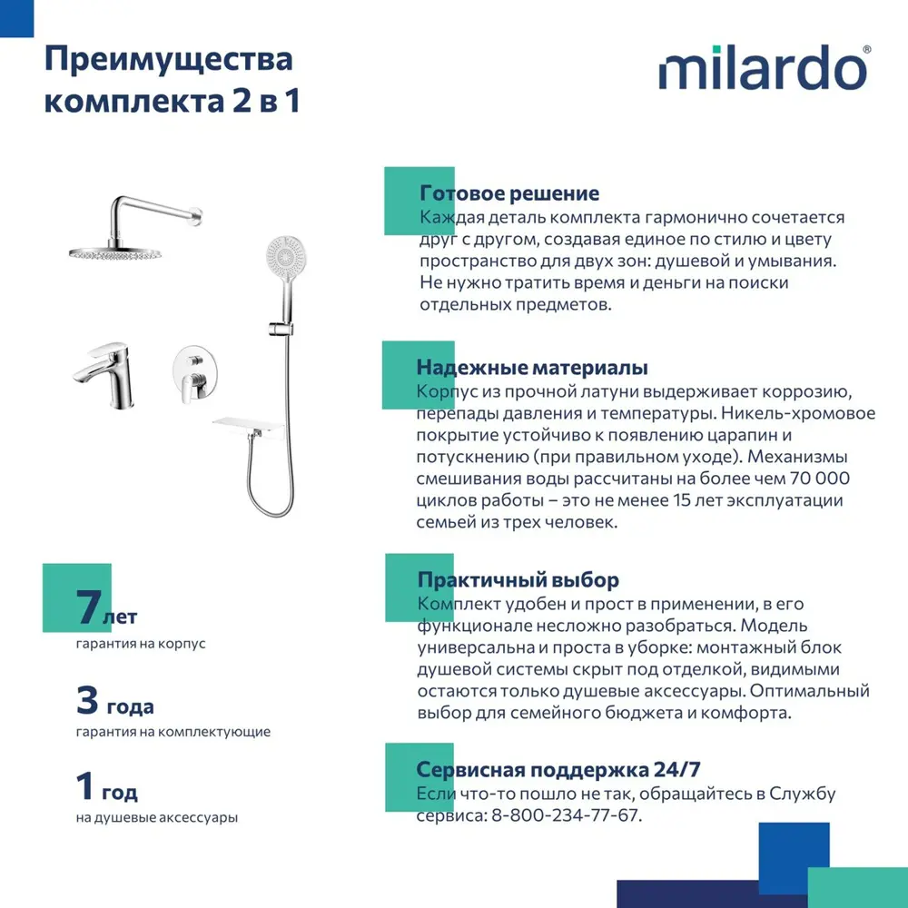 Фото 9 Комплект смесителей Milardo Rora ROR0000M70 2 в 1: Душевая система и смеситель для раковины цвет глянцевый хром Фото 9 Комплект смесителей Milardo Rora ROR0000M70 2 в 1: Душевая система и смеситель для раковины цвет глянцевый хром