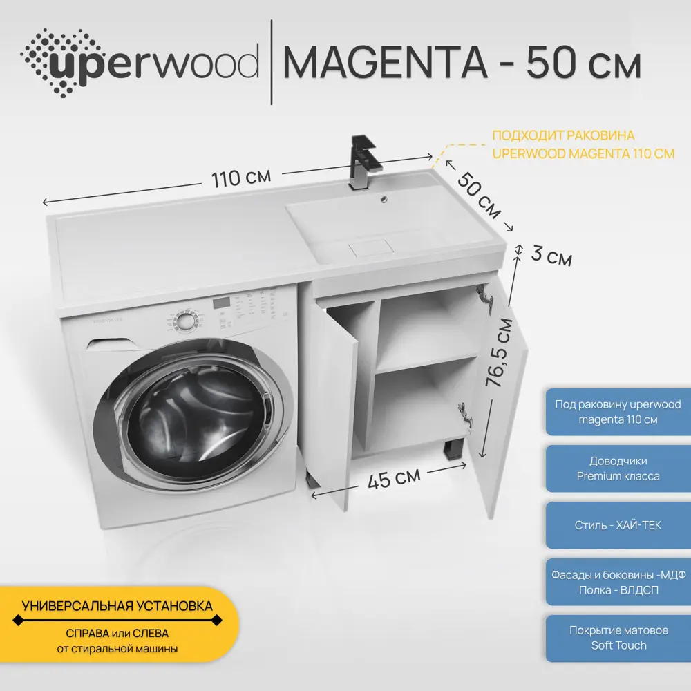Фото 2 Тумба под стиральную машину Uperwood Magenta 50 см напольная белая с дверцами Фото 2 Тумба под стиральную машину Uperwood Magenta 50 см напольная белая с дверцами