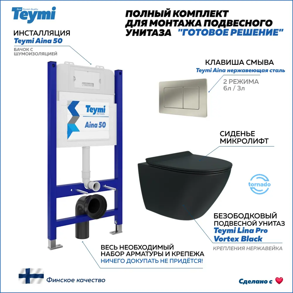 Фото Инсталляция с унитазом комплект 5 в 1 Teymi F14996 унитаз подвесной безободковый торнадо черный Lina Pro Vortex Black кнопка нержавеющая сталь
