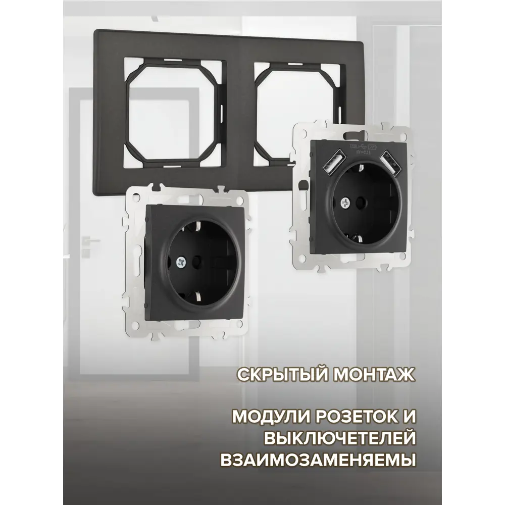 Фото 2 Розетка двойная с USB встраиваемая с рамкой Arte milano SET06-2-47-1-40-1.black с заземлением и шторками цвет черный Фото 2 Розетка двойная с USB встраиваемая с рамкой Arte milano SET06-2-47-1-40-1.black с заземлением и шторками цвет черный