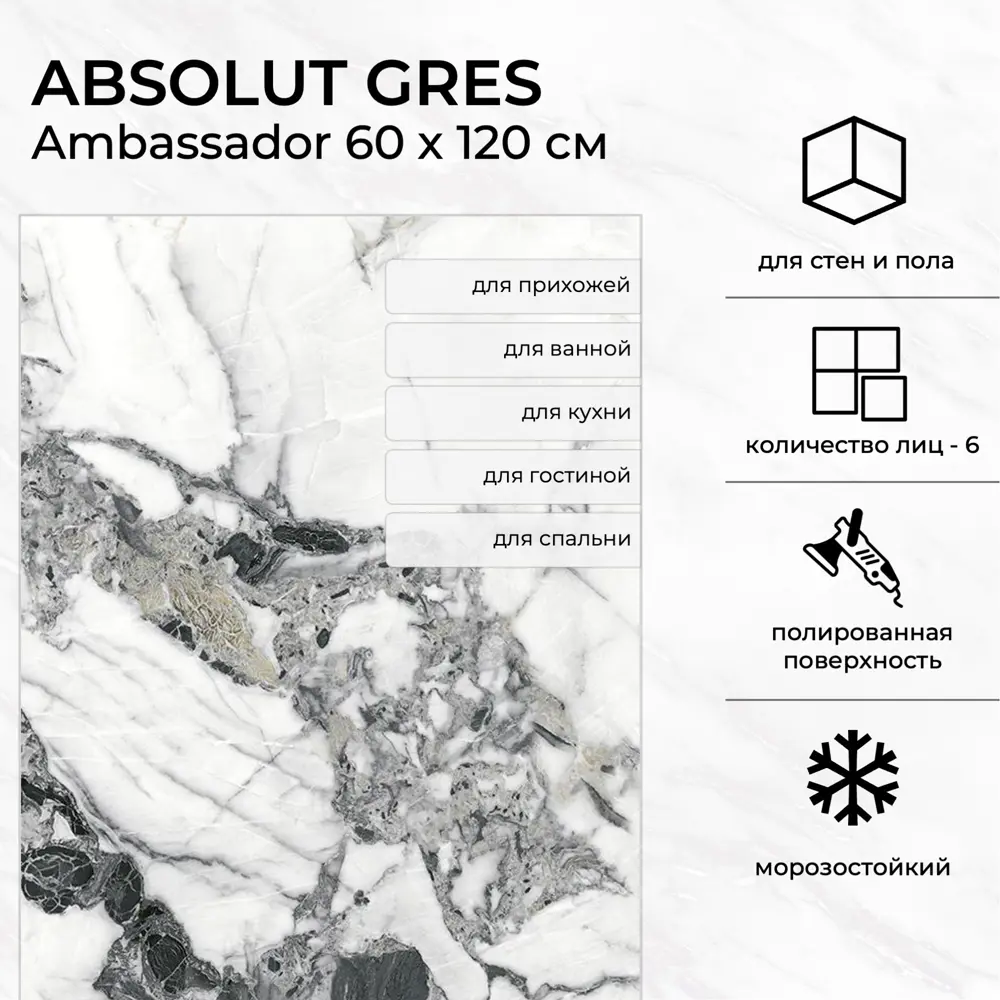 Фото 3 Керамогранит Absolut gres Ambassador AB 3102G 60x120см 1.44 м² цвет бело-серый, цена за упаковку Фото 3 Керамогранит Absolut gres Ambassador AB 3102G 60x120см 1.44 м² цвет бело-серый, цена за упаковку