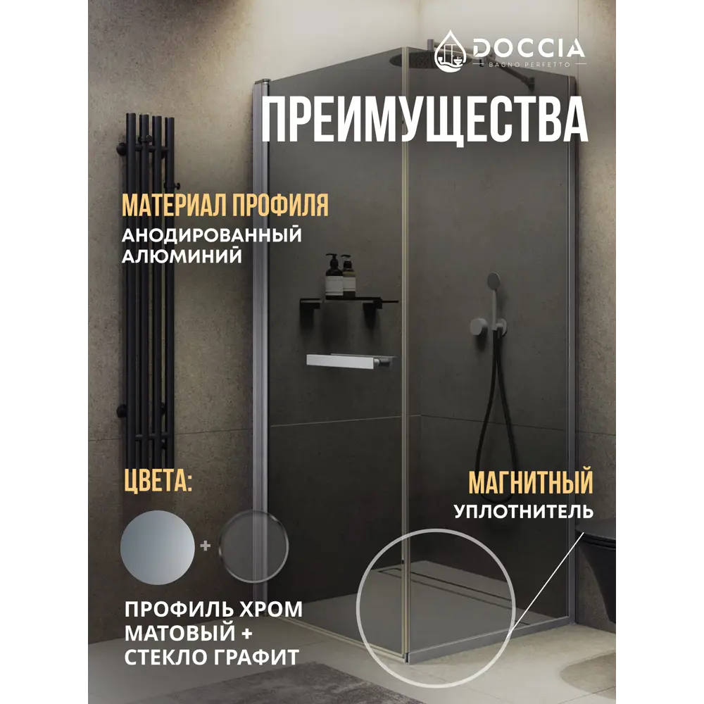 Фото 2 Душевой уголок Doccia GLASS100ypl/GR/5CHMT угол 100x100см хромированный профиль эффект стекла прозрачный Фото 2 Душевой уголок Doccia GLASS100ypl/GR/5CHMT угол 100x100см хромированный профиль эффект стекла прозрачный