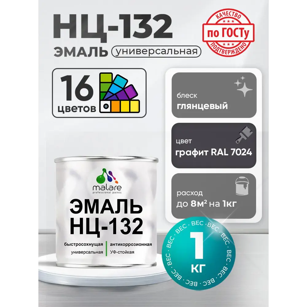 Фото Эмаль универсальная Malare Professional НЦ-132 быстросохнущая цвет RAL 7024 графит глянцевая 1 кг Фото Эмаль универсальная Malare Professional НЦ-132 быстросохнущая цвет RAL 7024 графит глянцевая 1 кг
