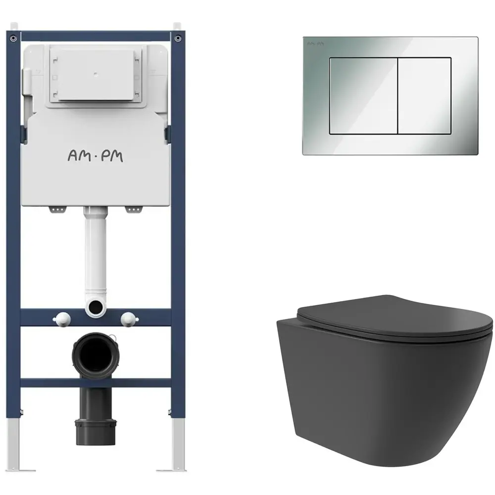 Фото 2 Инсталляция AM.PM I012709.0251 PrimeFit с клавишей слива PrimeFit S гл/хром унитаз Long 52x36.5 Vortex Soft-Close матовый черный овал Фото 2 Инсталляция AM.PM I012709.0251 PrimeFit с клавишей слива PrimeFit S гл/хром унитаз Long 52x36.5 Vortex Soft-Close матовый черный овал