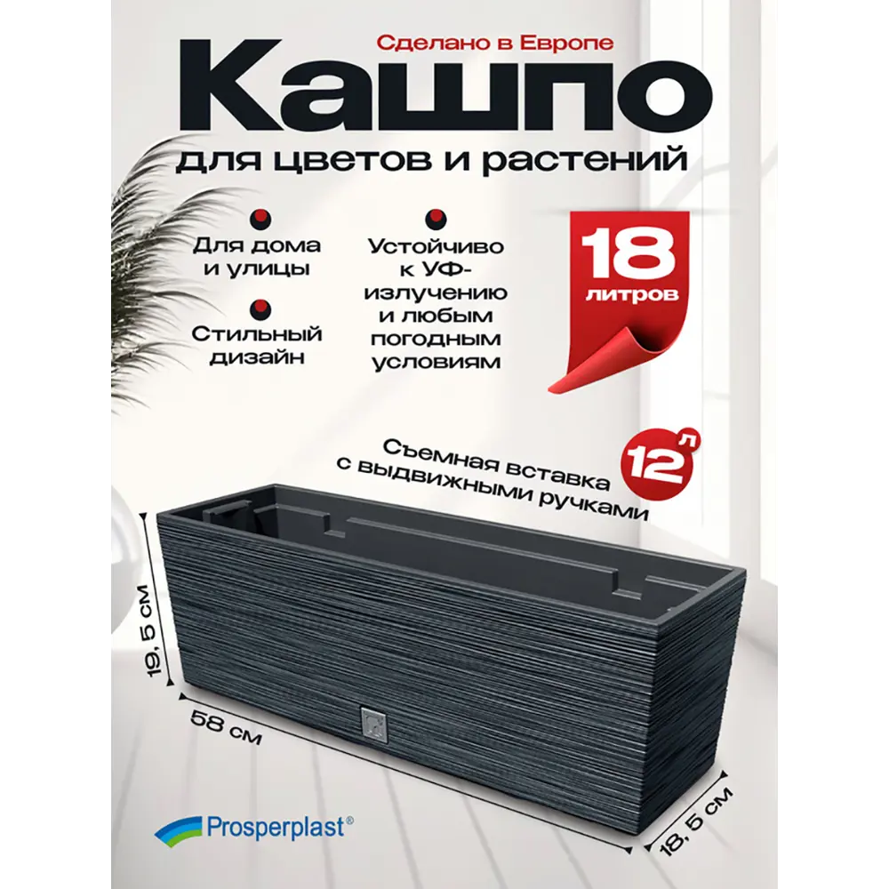 Фото 4 Кашпо Furu case Prosperplast d 58.5 см 19.5 см 18 л полипропилен черный без автополива Фото 4 Кашпо Furu case Prosperplast d 58.5 см 19.5 см 18 л полипропилен черный без автополива
