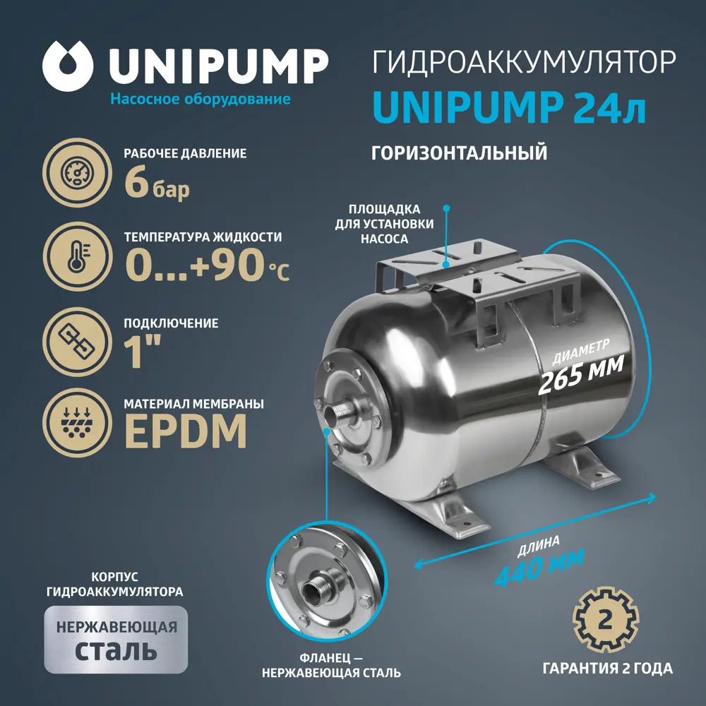 Фото 2 Гидроаккумулятор горизонтальный 24 л Unipump 85109 1" серый Фото 2 Гидроаккумулятор горизонтальный 24 л Unipump 85109 1" серый