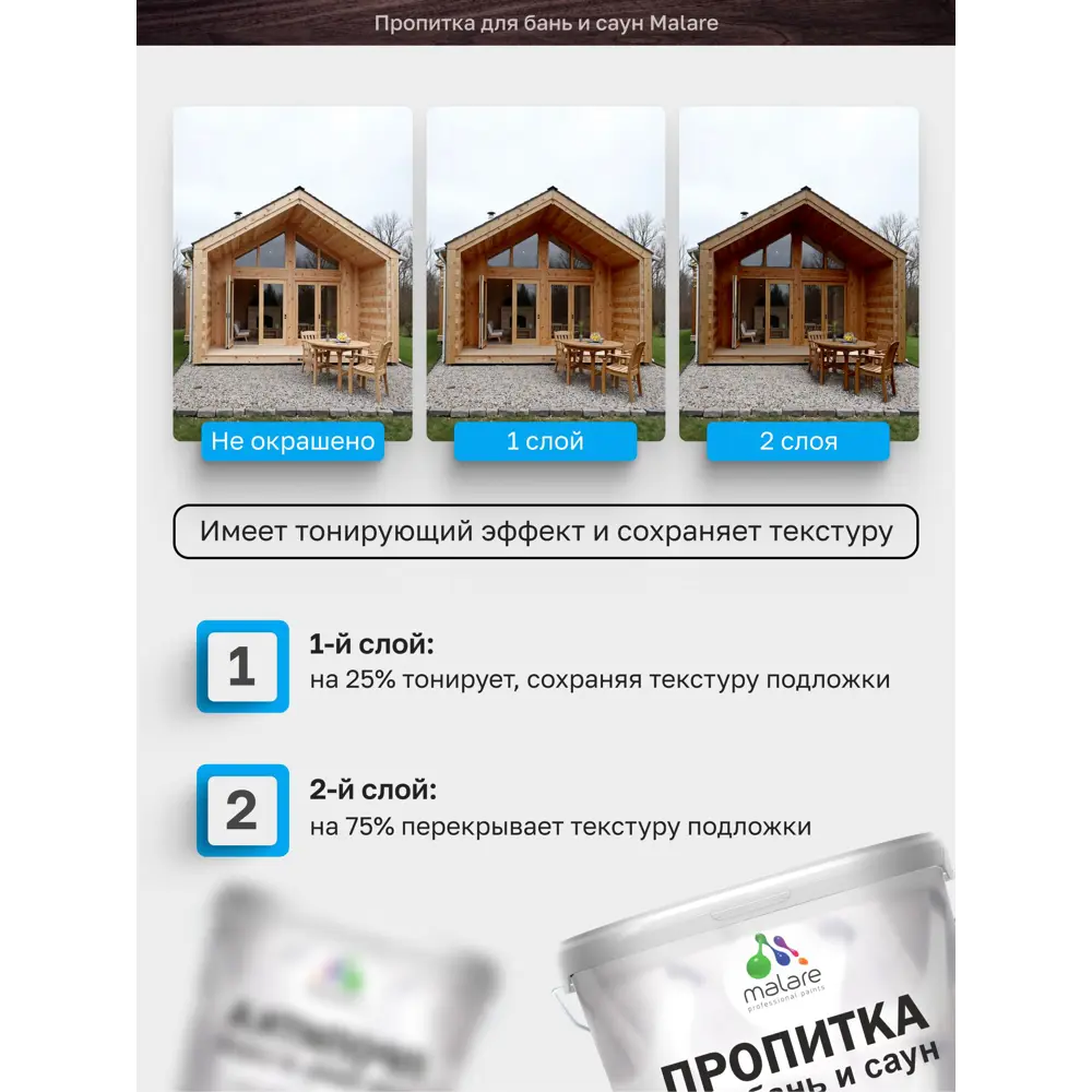 Фото 2 Антисептик защитно-декоративный для бань и саун Malare Wood без запаха полуматовая цвет орегон 1.8 кг Фото 2 Антисептик защитно-декоративный для бань и саун Malare Wood без запаха полуматовая цвет орегон 1.8 кг