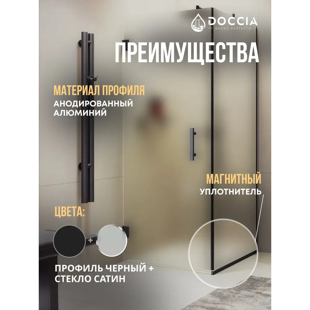 Фото 3 Душевой уголок Doccia GLASS90yp/SA/6BL угол 90.5x90.5см черный профиль эффект стекла матовый