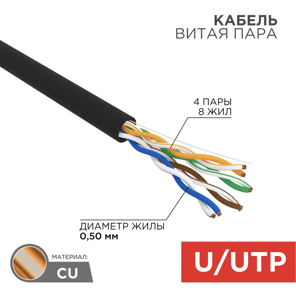 Фото 2 Кабель витая пара Rexant U/UTP CAT 5e PE 4PR 24AWG outdoor solid черный 50 м Фото 2 Кабель витая пара Rexant U/UTP CAT 5e PE 4PR 24AWG outdoor solid черный 50 м