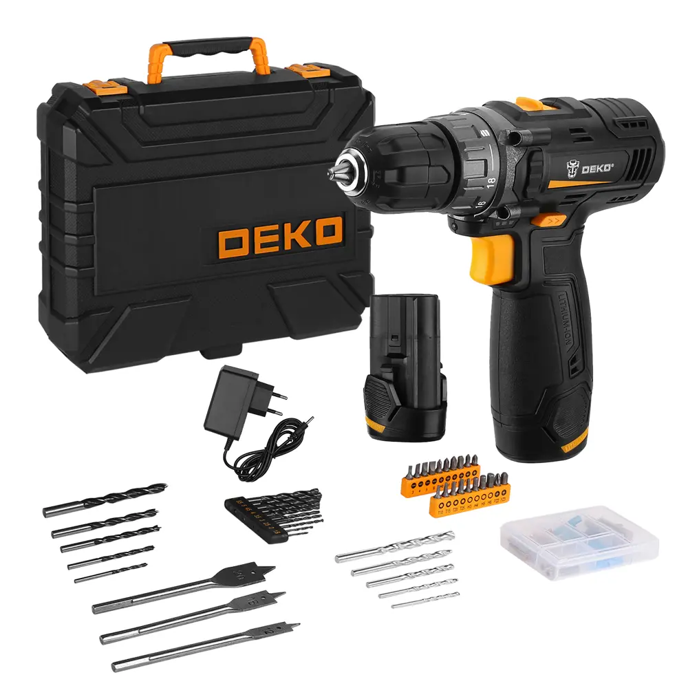 Фото Дрель-шуруповерт аккумуляторная Deko GCD12DU3 SET 5, 12 В Li-Ion 2x1.5 Ач и набор инструментов 92 предмета Фото Дрель-шуруповерт аккумуляторная Deko GCD12DU3 SET 5, 12 В Li-Ion 2x1.5 Ач и набор инструментов 92 предмета