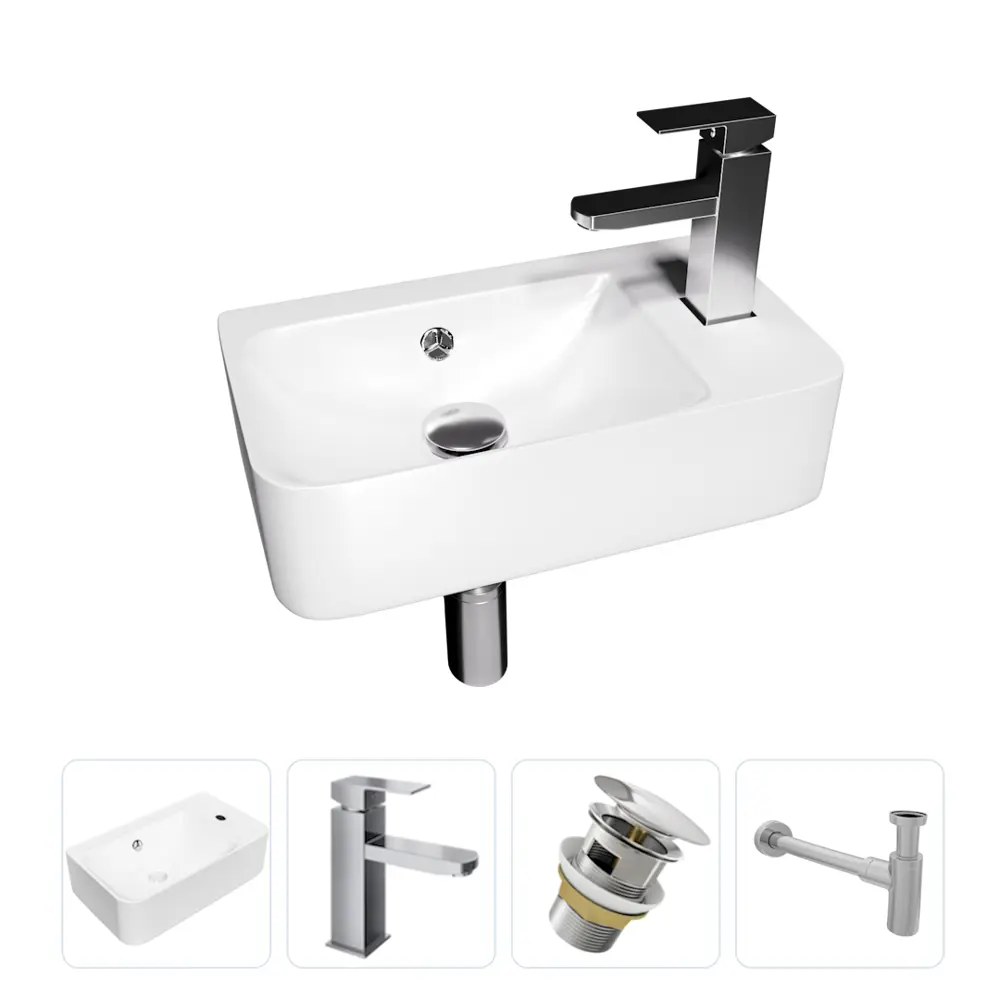 Фото Комплект Teymi 4 в 1: раковина Hanna F13069 45 правая, подвесная смеситель Helmi Pro, хром донный клапан с переливом сифон