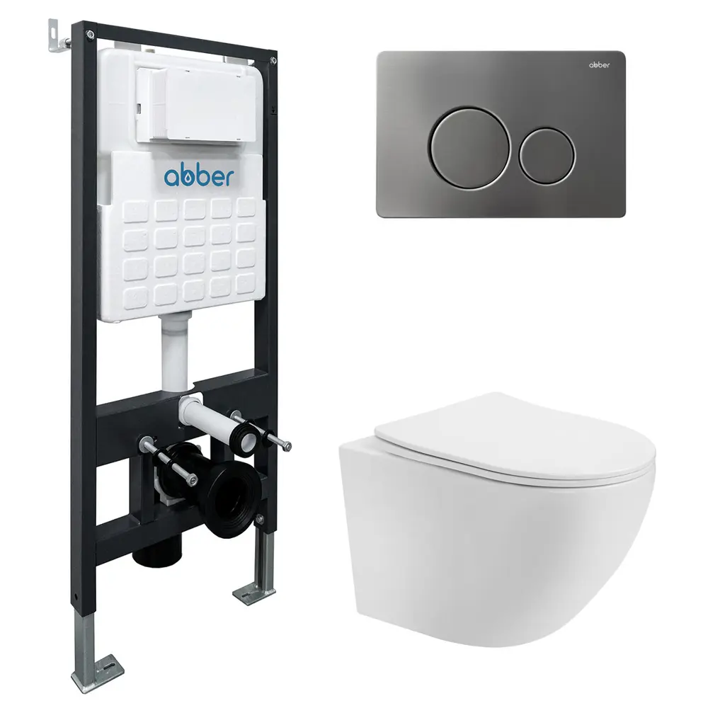 Фото Комплект подвесной унитаз Abber Bequem AC1100T белый с инсталляцией AC0105 и кнопкой AC0121NG никель Фото Комплект подвесной унитаз Abber Bequem AC1100T белый с инсталляцией AC0105 и кнопкой AC0121NG никель