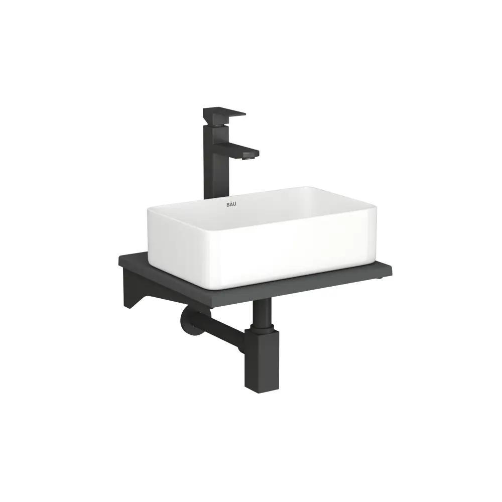Фото Комплект BAUEDGE BF1023: столешница кварц 40 см с кронштейнами серый раковина Hotel mini 37x23, смеситель Hotel Black черный, выпуск и сифон Stil Фото Комплект BAUEDGE BF1023: столешница кварц 40 см с кронштейнами серый раковина Hotel mini 37x23, смеситель Hotel Black черный, выпуск и сифон Stil