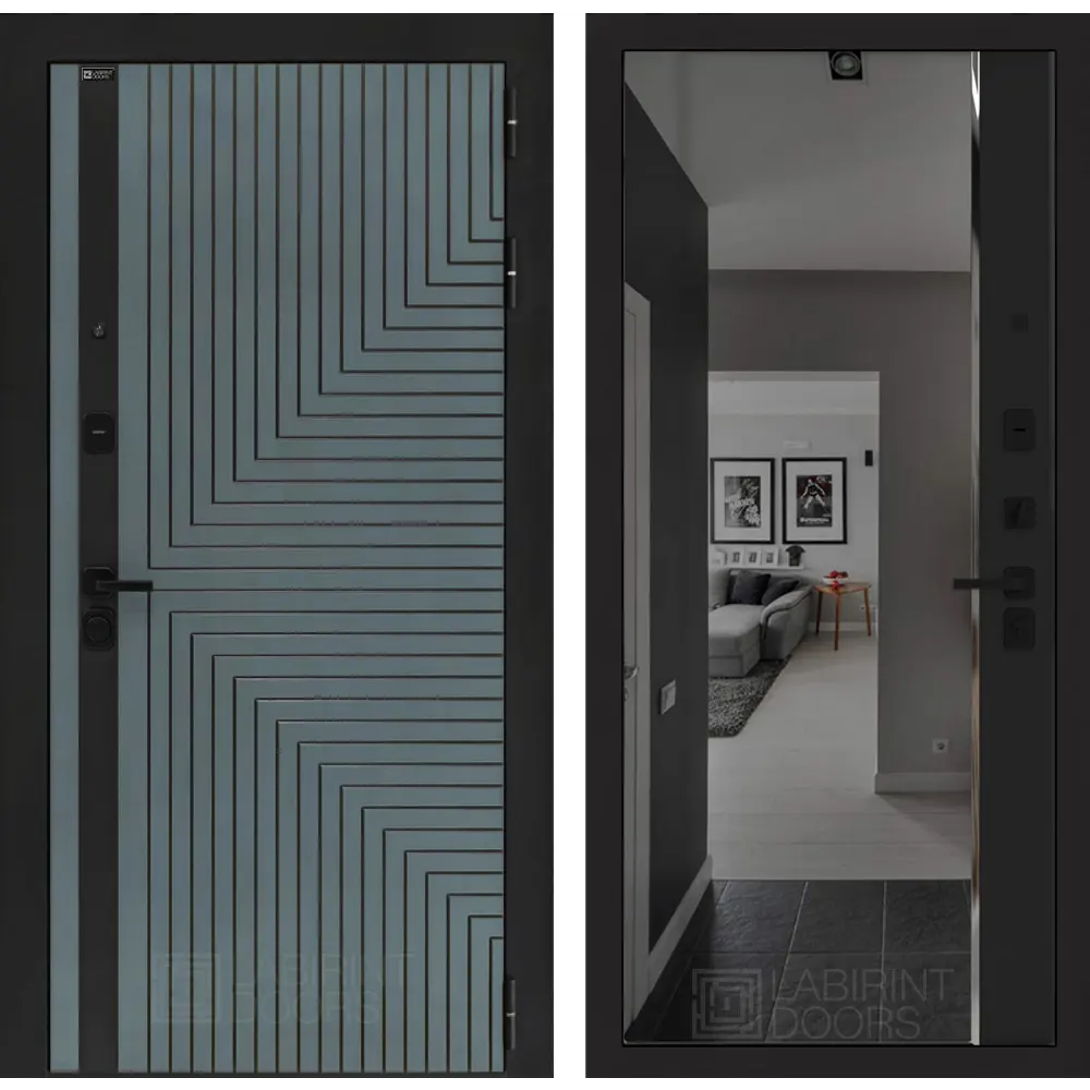 Фото Входная дверь Labirintdoors Кредор правый 205x88см цвет серо-зеленый с патиной/черный кварц с зеркалом Панорама Фото Входная дверь Labirintdoors Кредор правый 205x88см цвет серо-зеленый с патиной/черный кварц с зеркалом Панорама