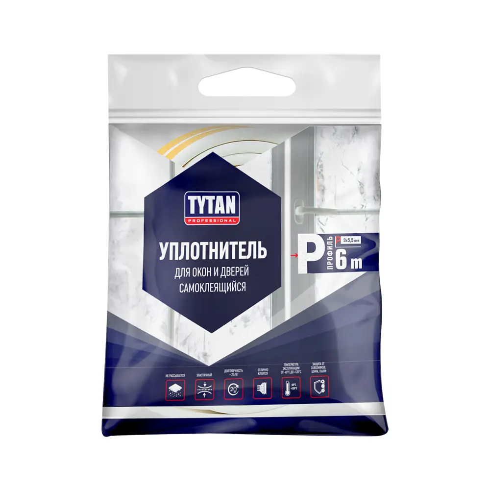 Фото Уплотнитель Tytan professional 9x5.5мм 6м цвет белый Фото Уплотнитель Tytan professional 9x5.5мм 6м цвет белый