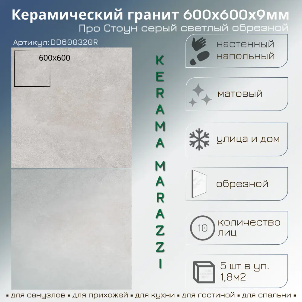 Фото 2 Керамогранит Kerama marazzi DD600320R 60x60см 1.8 м² цвет серый светлый, цена за упаковку Фото 2 Керамогранит Kerama marazzi DD600320R 60x60см 1.8 м² цвет серый светлый, цена за упаковку