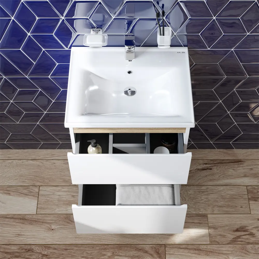 Фото 3 Тумба с раковиной AM.PM X-Joy M85A-FHX0552-WC0552WG подвесная, 55 см, 2 ящика, белый глянец Фото 3 Тумба с раковиной AM.PM X-Joy M85A-FHX0552-WC0552WG подвесная, 55 см, 2 ящика, белый глянец