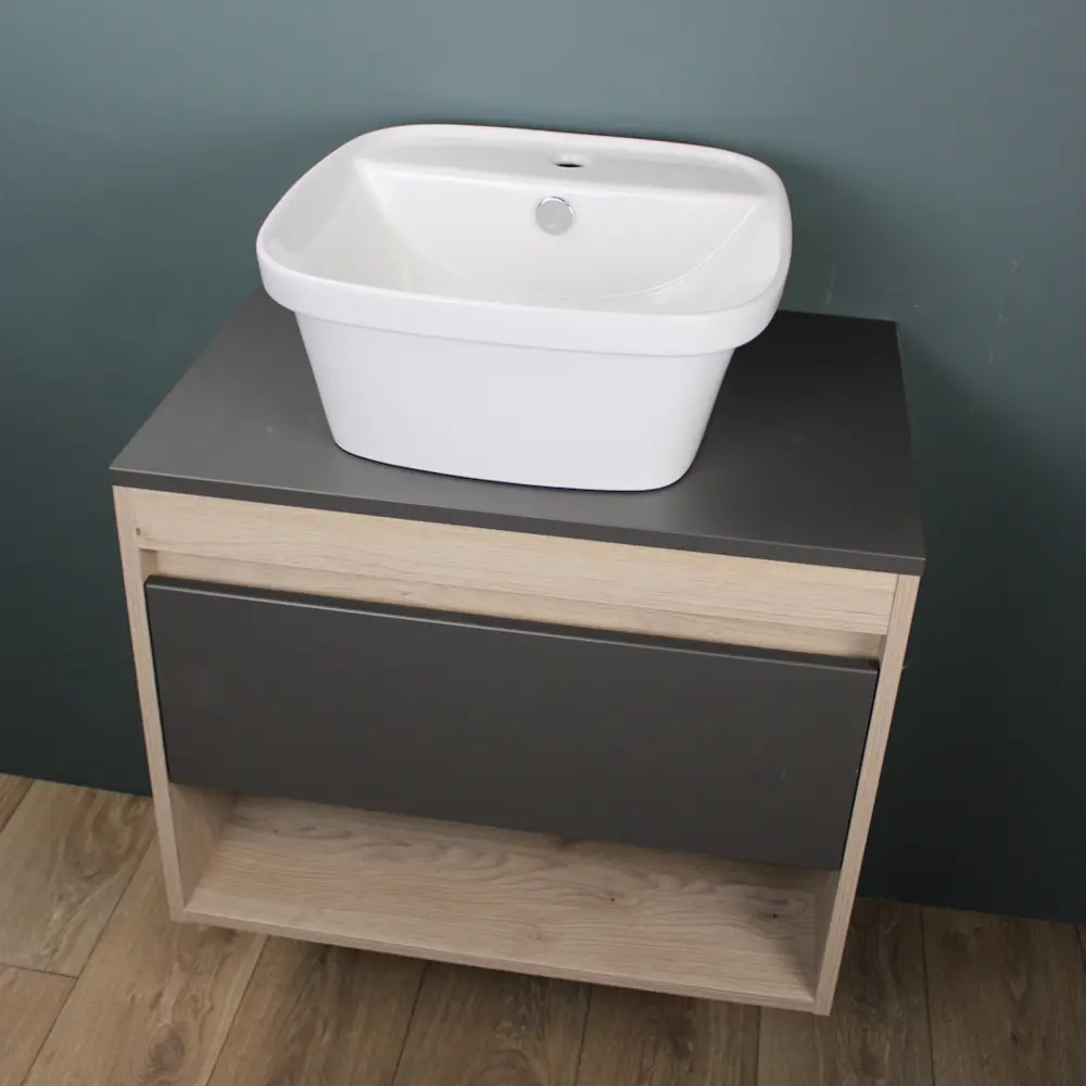 Фото 5 Комплект тумба под раковину Teymi Ritta 65 дуб эврика/графит матовый и раковина Solli 43 с полочкой F03369