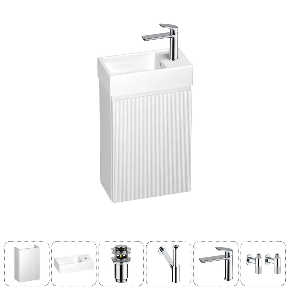 Фото Тумба с раковиной подвесная Wellsee WC Area 20216882R с донным клапаном, сифоном, смесителем и вентилями цвет белый Фото Тумба с раковиной подвесная Wellsee WC Area 20216882R с донным клапаном, сифоном, смесителем и вентилями цвет белый