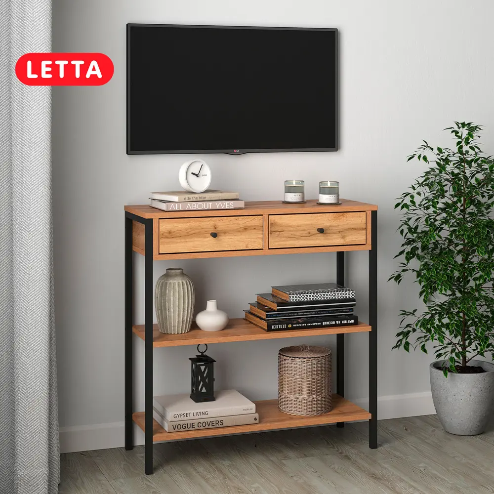 Фото 2 Комод Letta Frame 75.40x77.40x30.40 см 2 ящика ЛДСП цвет дуб вотан/черный металл Фото 2 Комод Letta Frame 75.40x77.40x30.40 см 2 ящика ЛДСП цвет дуб вотан/черный металл