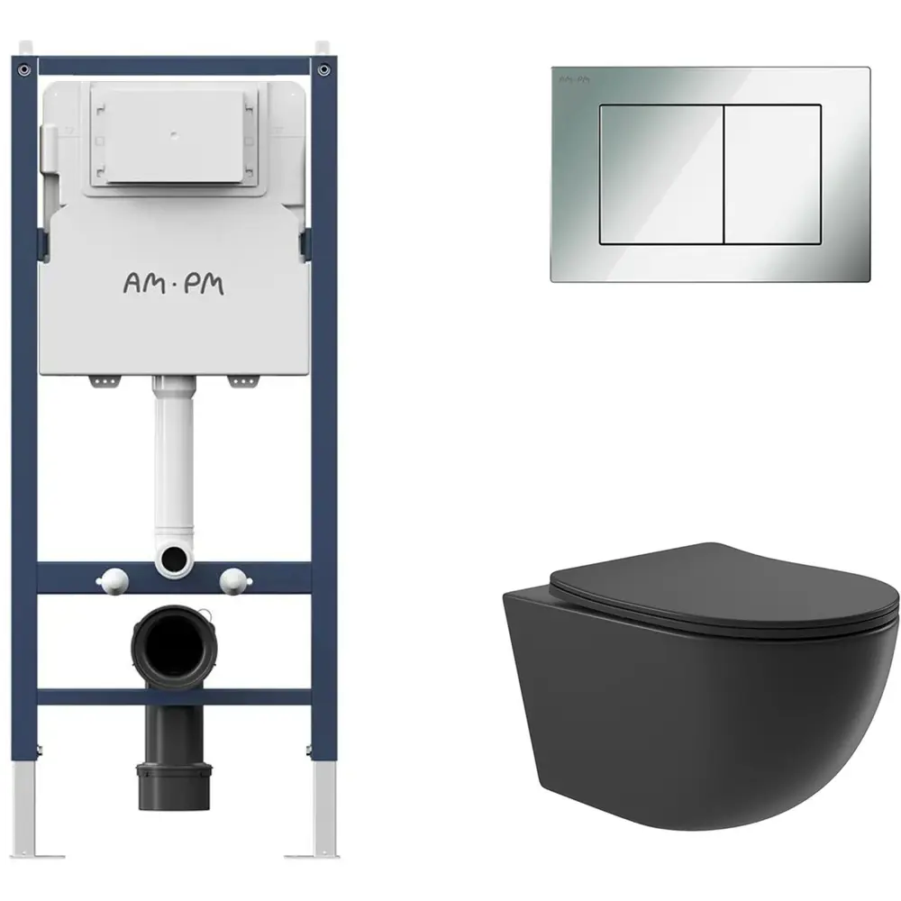 Фото 2 Инсталляция AM.PM I012709.0251 PrimeFit с клавишей слива PrimeFit S гл/хром унитаз 52.5x36 Soft-Close матовый черный овал Фото 2 Инсталляция AM.PM I012709.0251 PrimeFit с клавишей слива PrimeFit S гл/хром унитаз 52.5x36 Soft-Close матовый черный овал