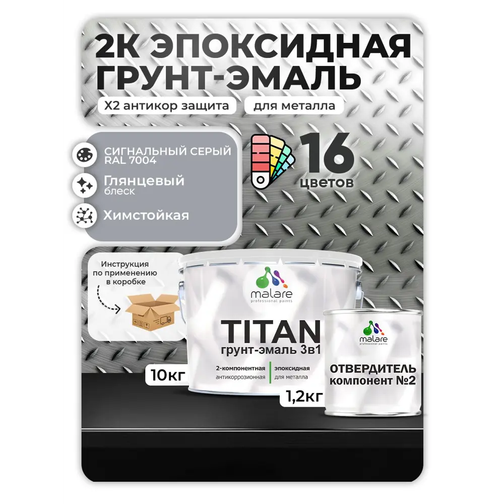 Фото Грунт-эмаль по металлу Malare Titan двухкомпонентная цвет RAL 7004 сигнальный серый 10 кг отвердитель 1.2 кг