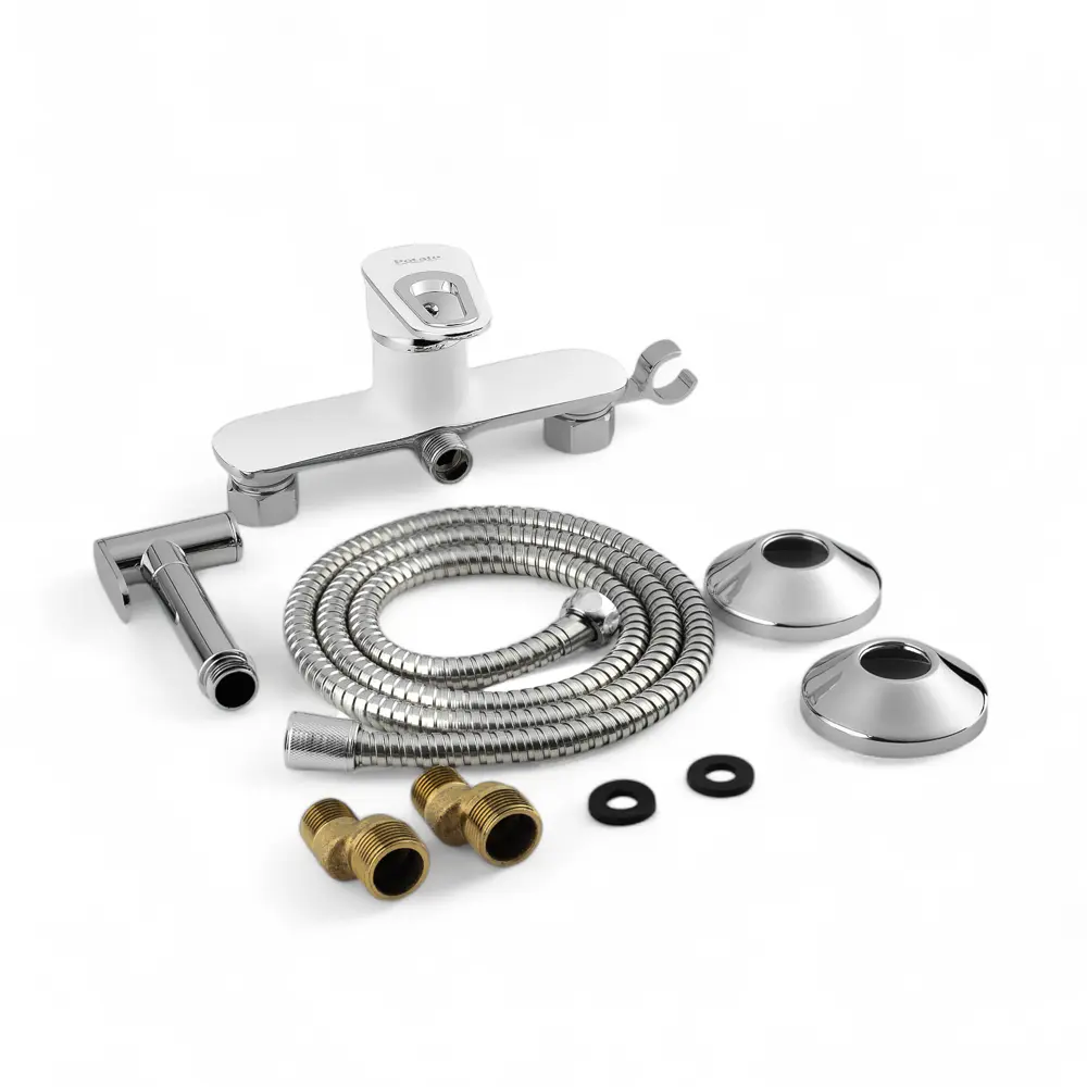 Фото 3 Смеситель для биде POTATO P20274-7 шаровый с гигиенической лейкой, белый матовый с хромированными вставками Фото 3 Смеситель для биде POTATO P20274-7 шаровый с гигиенической лейкой, белый матовый с хромированными вставками