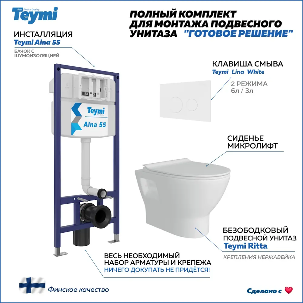 Фото Комплект Teymi F13849 5 в 1 инсталляция с унитазом унитаз подвесной безободковый Ritta кнопка белая Фото Комплект Teymi F13849 5 в 1 инсталляция с унитазом унитаз подвесной безободковый Ritta кнопка белая