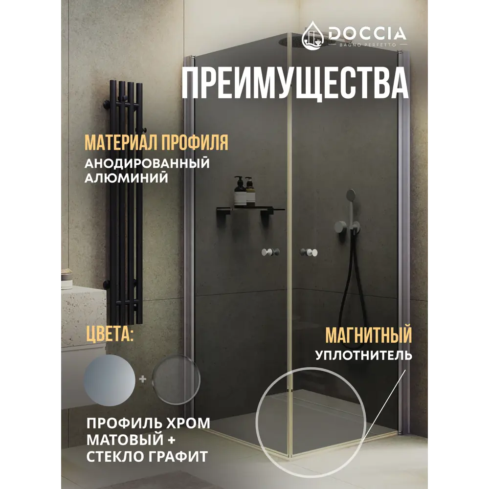 Фото 3 Душевой уголок Doccia GLASS80ypt/GR/5CHMT угол 80x80см хромированный профиль эффект стекла прозрачный Фото 3 Душевой уголок Doccia GLASS80ypt/GR/5CHMT угол 80x80см хромированный профиль эффект стекла прозрачный