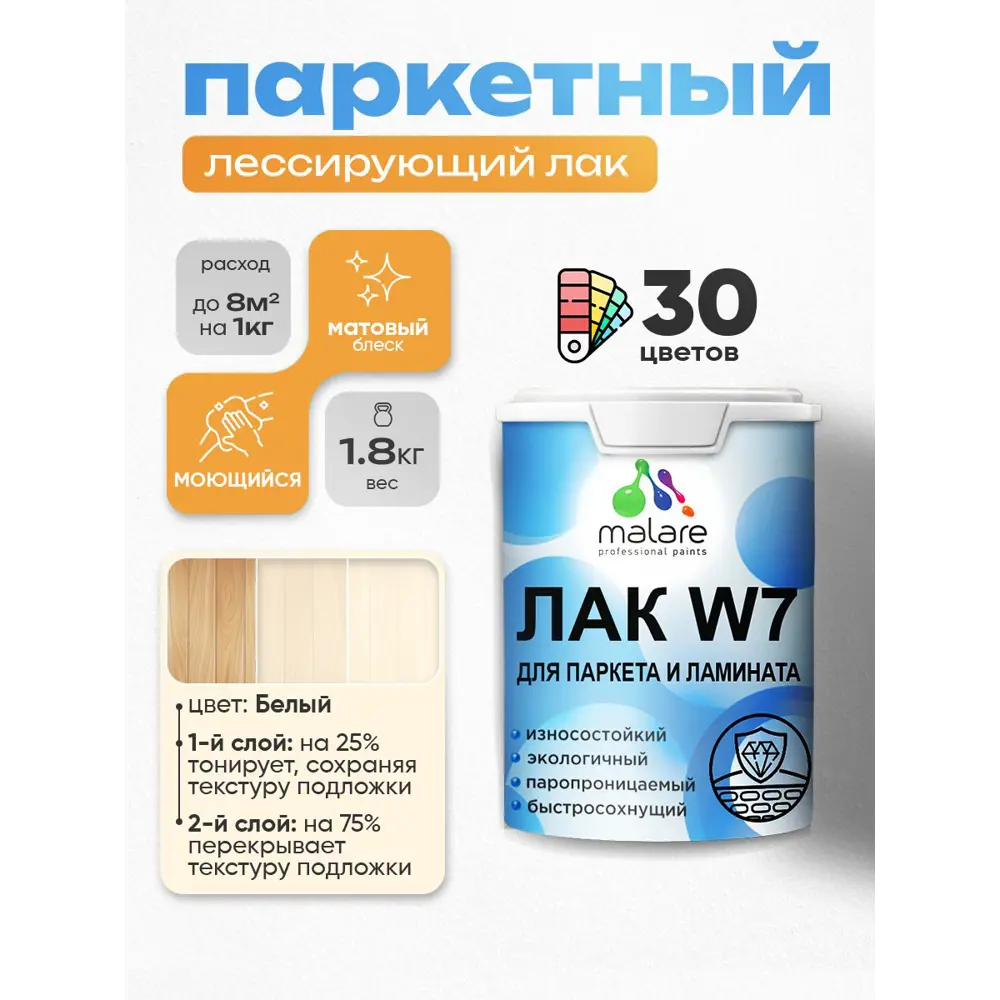 Фото Лак паркетный тонирующий Malare Series W износостойкий без запаха матовый белый 1.8 кг Фото Лак паркетный тонирующий Malare Series W износостойкий без запаха матовый белый 1.8 кг