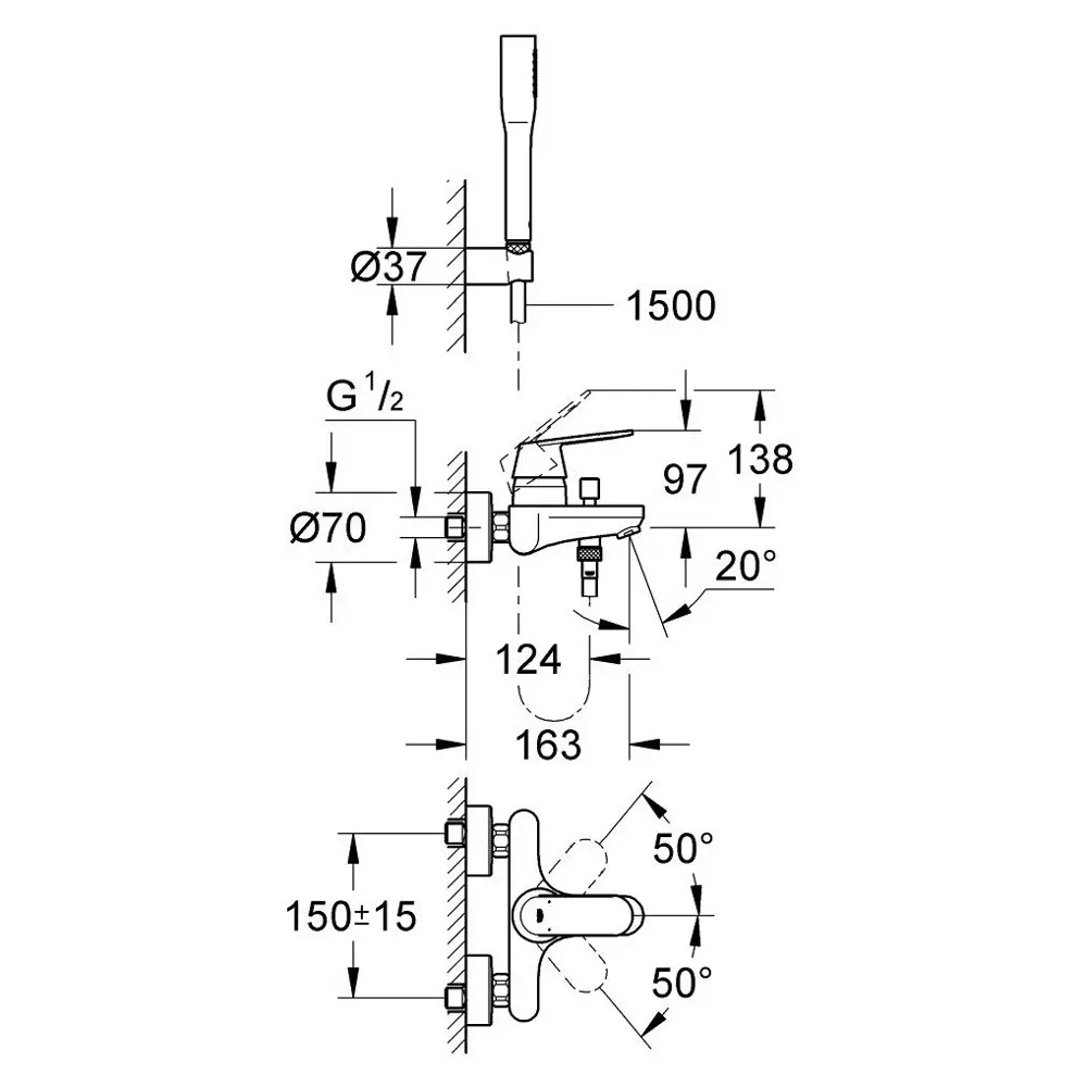 Фото 4 Однорычажный смеситель для ванны GROHE Eurosmart с лейкой и шлангом хром 32832000 Фото 4 Однорычажный смеситель для ванны GROHE Eurosmart с лейкой и шлангом хром 32832000