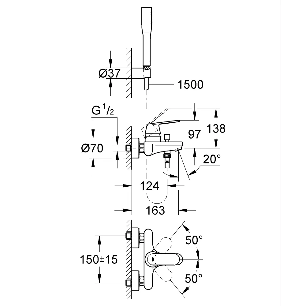 Фото 2 Однорычажный смеситель для ванны GROHE Eurosmart с лейкой и шлангом хром 32832000 Фото 2 Однорычажный смеситель для ванны GROHE Eurosmart с лейкой и шлангом хром 32832000