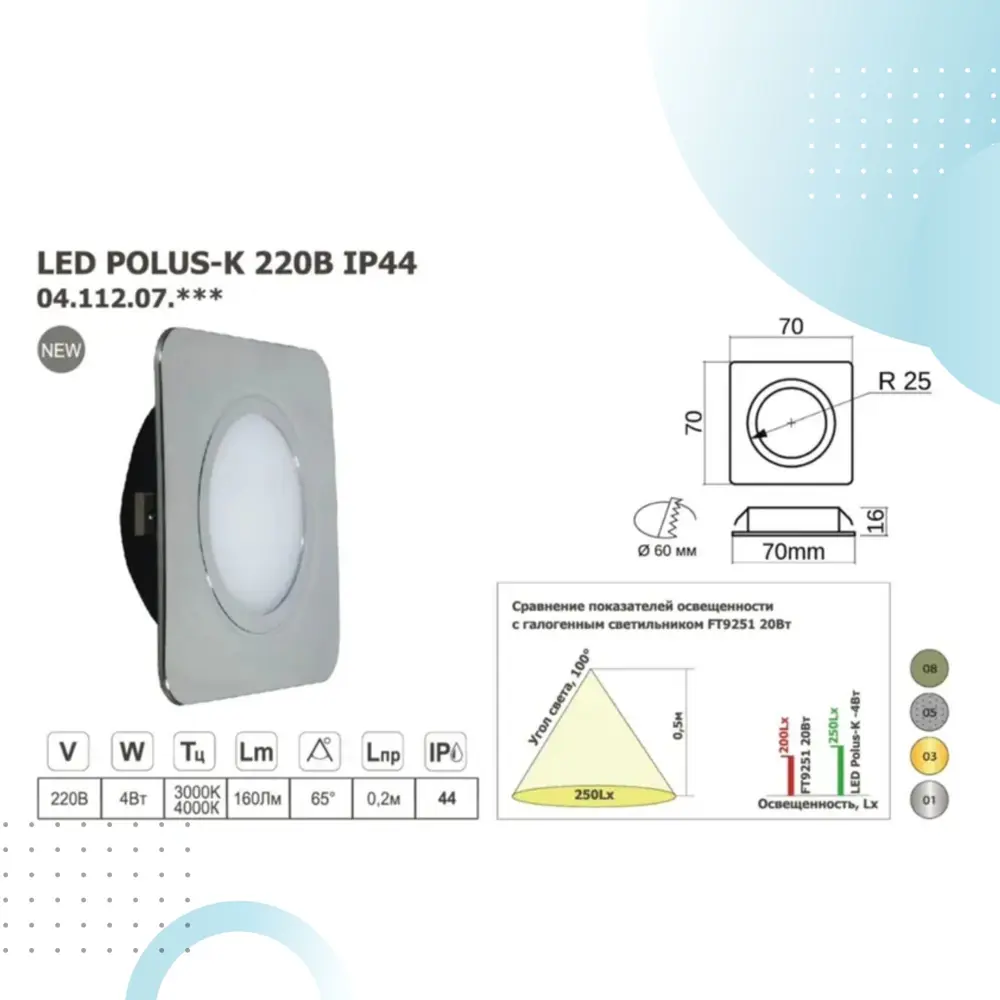 Фото 6 Светильник мебельный встраиваемый светодиодный GLS Polus-К 4 Вт 220V IP44 4000К цвет хром 2 шт Фото 6 Светильник мебельный встраиваемый светодиодный GLS Polus-К 4 Вт 220V IP44 4000К цвет хром 2 шт