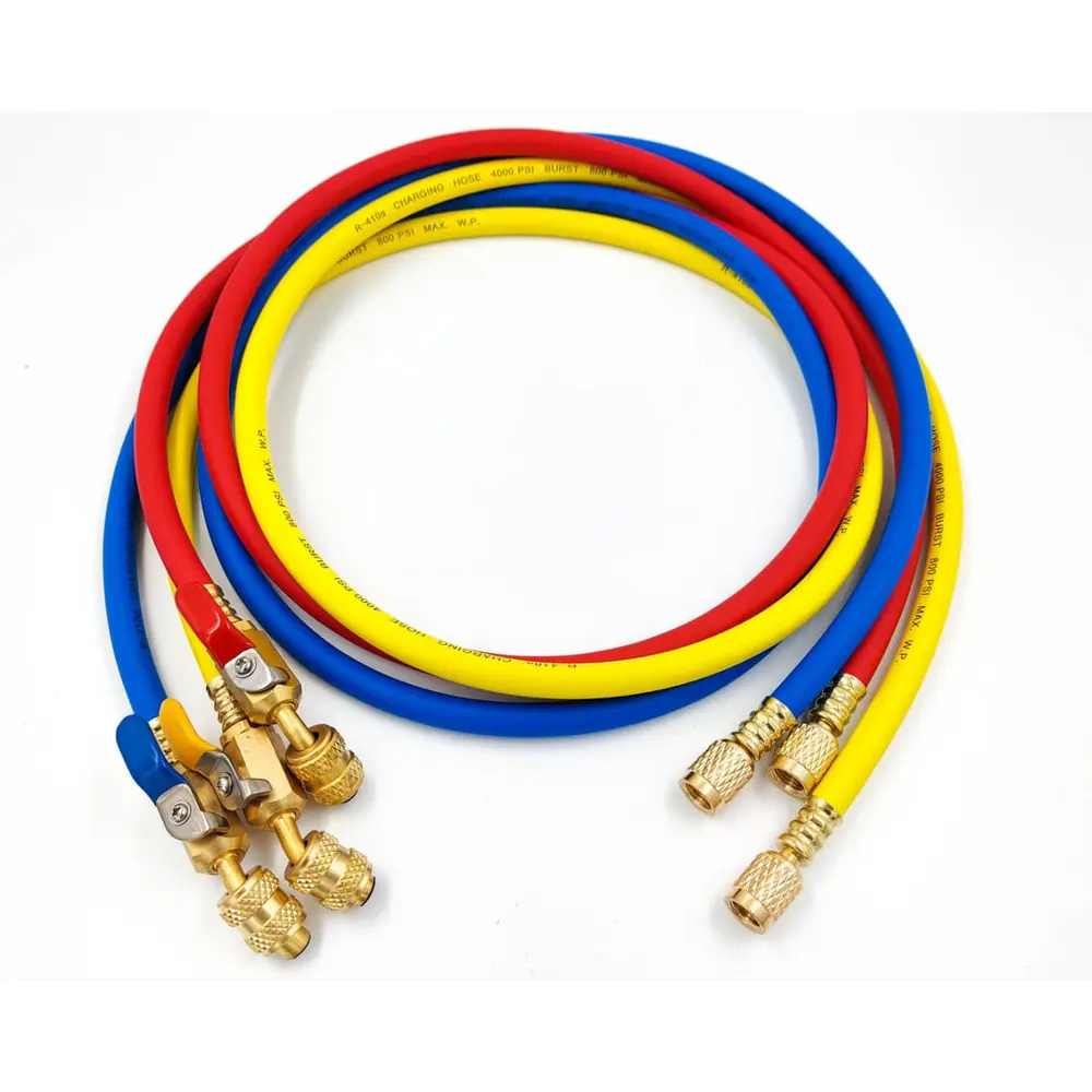 Фото Шланг заправочный с вентилем DSZH CT-360-RYB-HV-R32/410A 1/4"-5/16" SAE до 55 бар 1.5 м Фото Шланг заправочный с вентилем DSZH CT-360-RYB-HV-R32/410A 1/4"-5/16" SAE до 55 бар 1.5 м