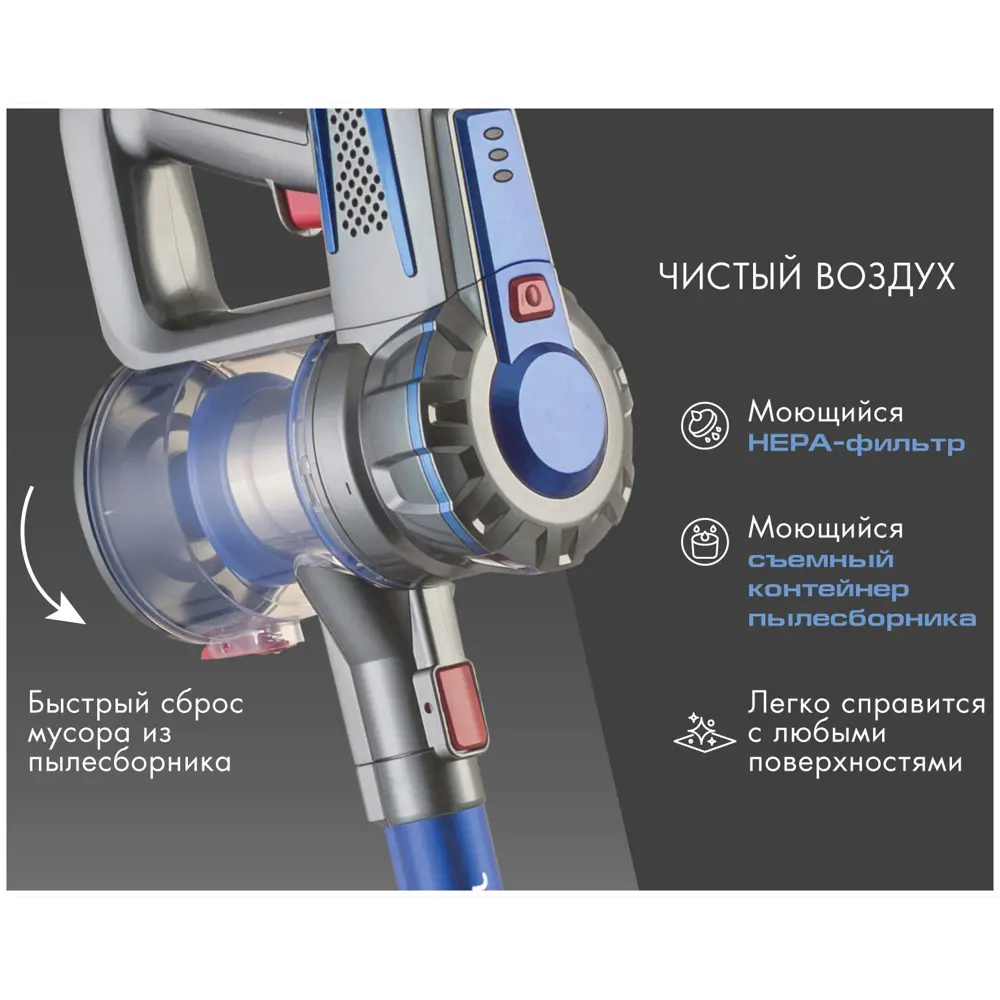 Фото 4 Пылесос вертикальный Endever Skyclean vc-303 (90247) синий/серый 0.6 л 170 Вт цвет синий Фото 4 Пылесос вертикальный Endever Skyclean vc-303 (90247) синий/серый 0.6 л 170 Вт цвет синий