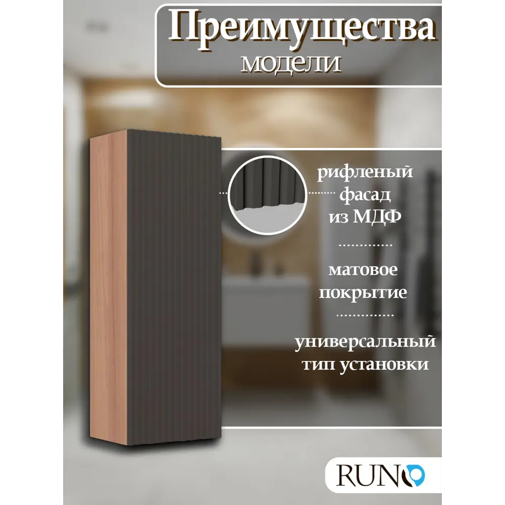 Фото 3 Шкаф для ванной RUNO Соренто 40 подвесной универсальный крафтовый дуб/графит Фото 3 Шкаф для ванной RUNO Соренто 40 подвесной универсальный крафтовый дуб/графит