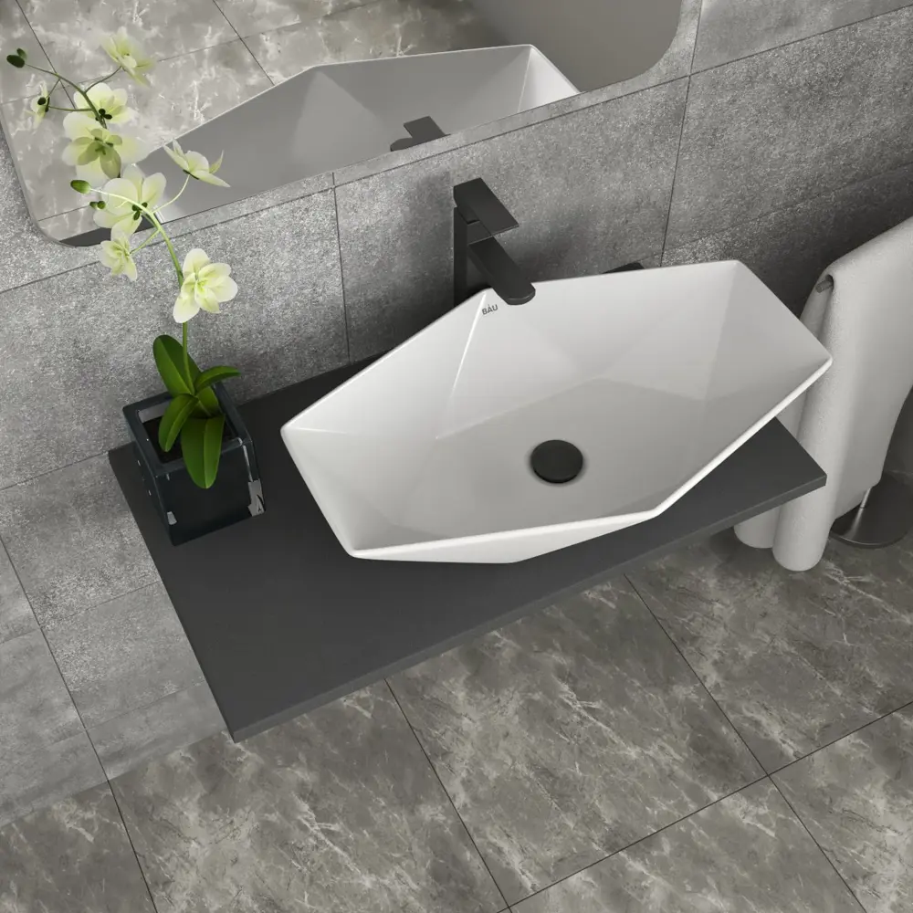 Фото 3 Комплект BAUEDGE BF1471: столешница кварц 80 см с кроншт, серый раковина Crystal 64x40, смеситель Hotel Black черный, выпуск и сифон Stil Фото 3 Комплект BAUEDGE BF1471: столешница кварц 80 см с кроншт, серый раковина Crystal 64x40, смеситель Hotel Black черный, выпуск и сифон Stil