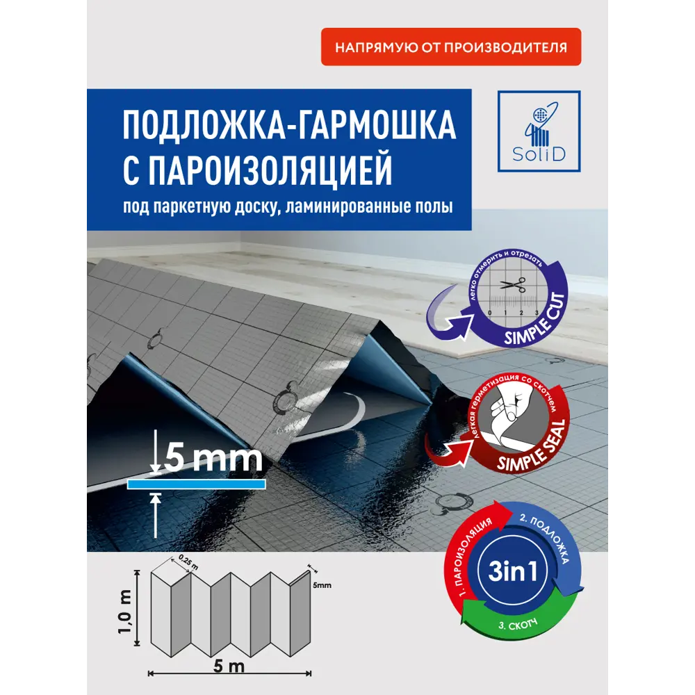 Фото Подложка-гармошка с пароизоляцией оверлапом и скотчем Солид 1000x250x5мм синяя уп.5м2 Фото Подложка-гармошка с пароизоляцией оверлапом и скотчем Солид 1000x250x5мм синяя уп.5м2