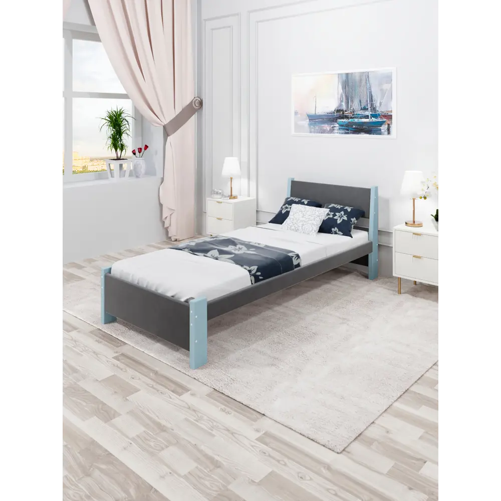 Фото 4 Кровать Solarius Мишка реечное основание mkr-obiv-rs17-gol70-190 80 x 80 x 200 см дерево цвет темно-серый/голубой Фото 4 Кровать Solarius Мишка реечное основание mkr-obiv-rs17-gol70-190 80 x 80 x 200 см дерево цвет темно-серый/голубой