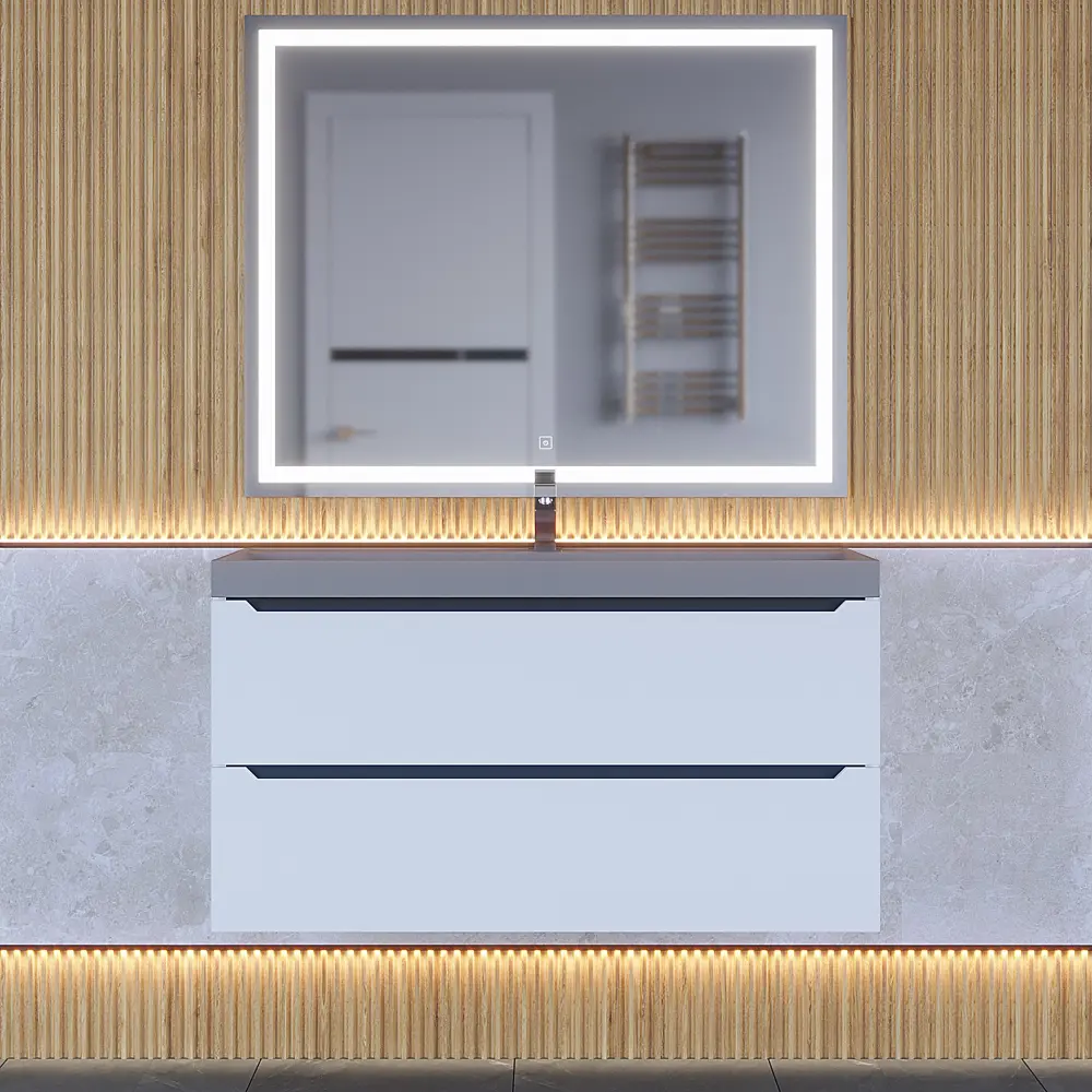 Фото 5 Тумба с раковиной для ванной подвесная Uperwood Tanos-Classic Quartz 100x45x55 см белая графит/бетон Фото 5 Тумба с раковиной для ванной подвесная Uperwood Tanos-Classic Quartz 100x45x55 см белая графит/бетон