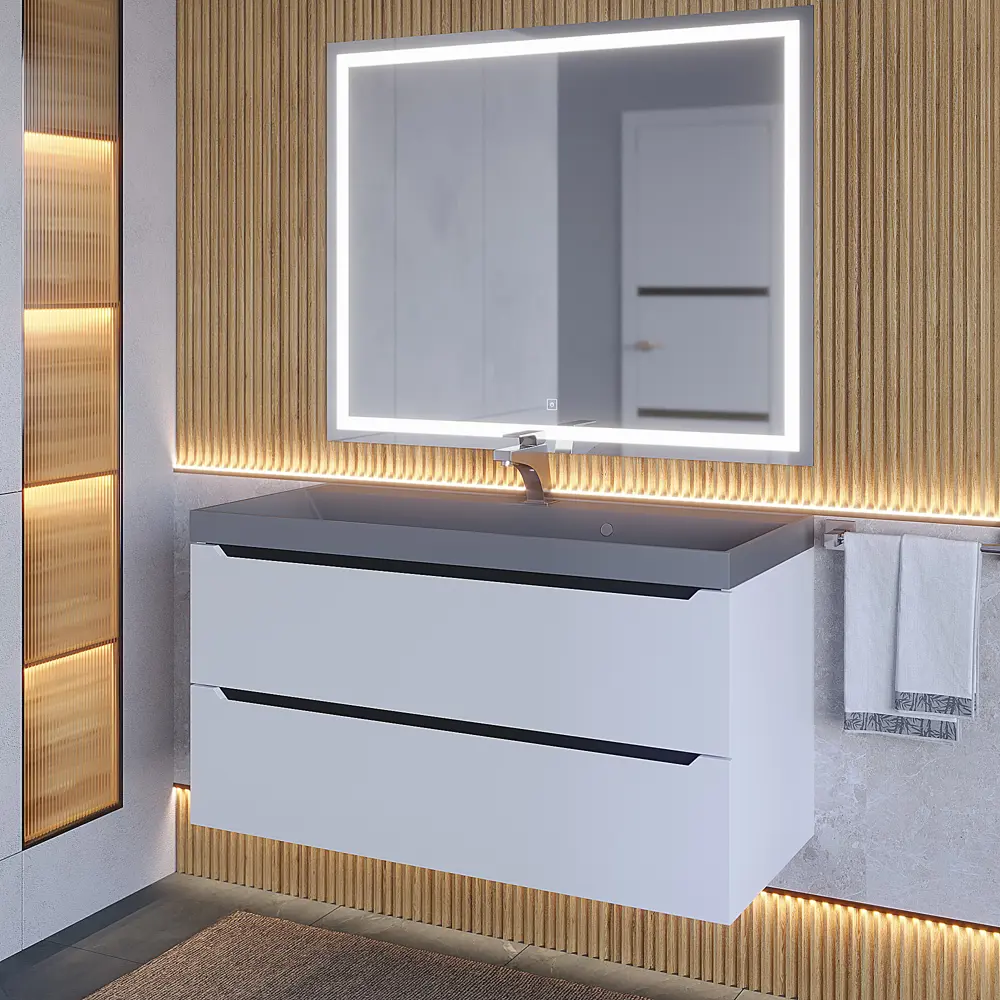 Фото 4 Тумба с раковиной для ванной подвесная Uperwood Tanos-Classic Quartz 100x45x55 см белая графит/бетон Фото 4 Тумба с раковиной для ванной подвесная Uperwood Tanos-Classic Quartz 100x45x55 см белая графит/бетон