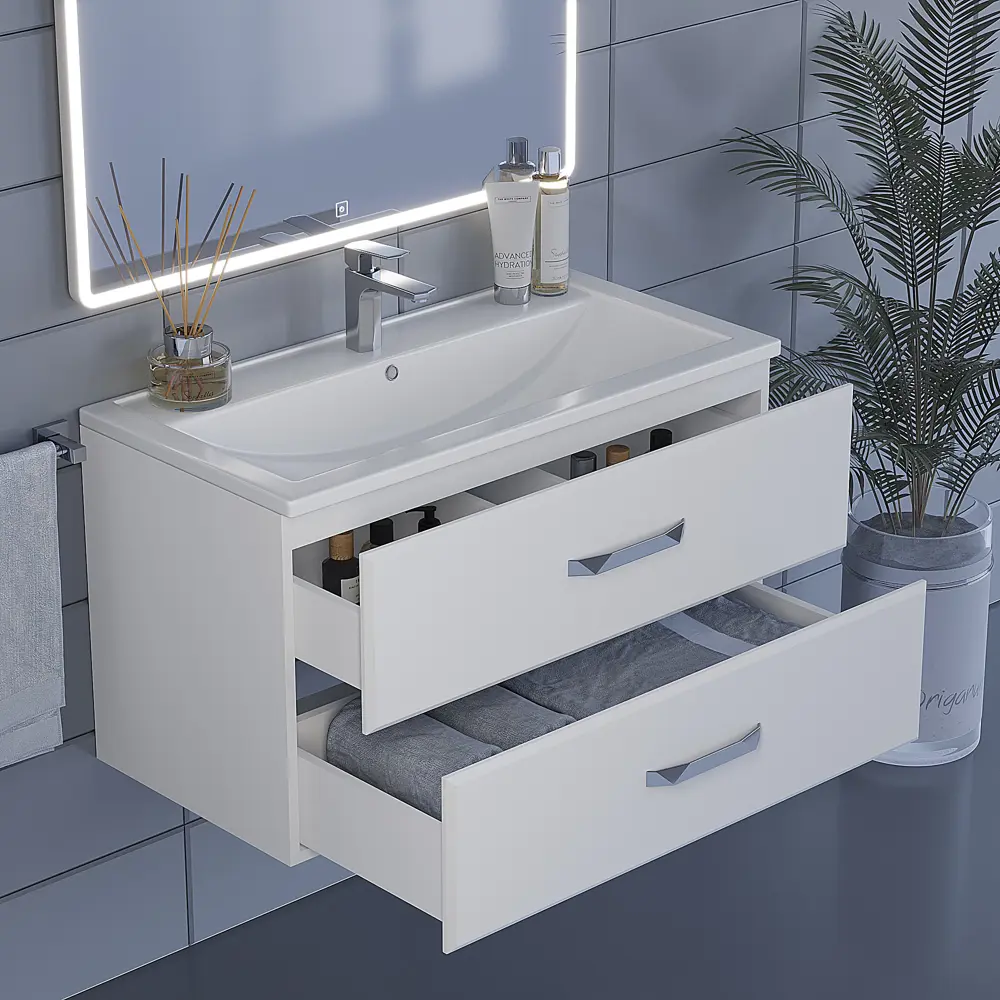Фото 4 Тумба с раковиной для ванной подвесная Uperwood Foster 90x45x63 см белая Фото 4 Тумба с раковиной для ванной подвесная Uperwood Foster 90x45x63 см белая