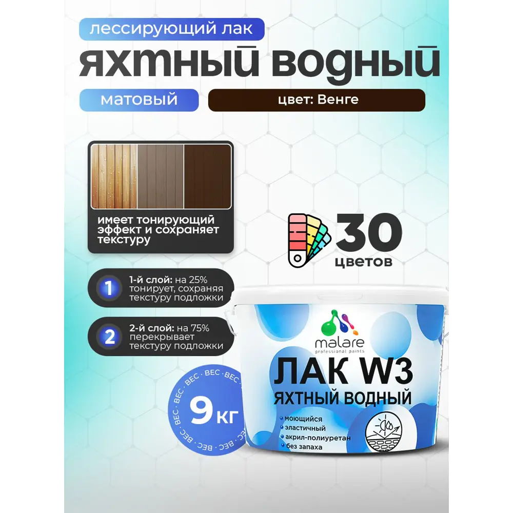 Фото Лак яхтный тонирующий Malare Series W матовый венге 9 кг Фото Лак яхтный тонирующий Malare Series W матовый венге 9 кг