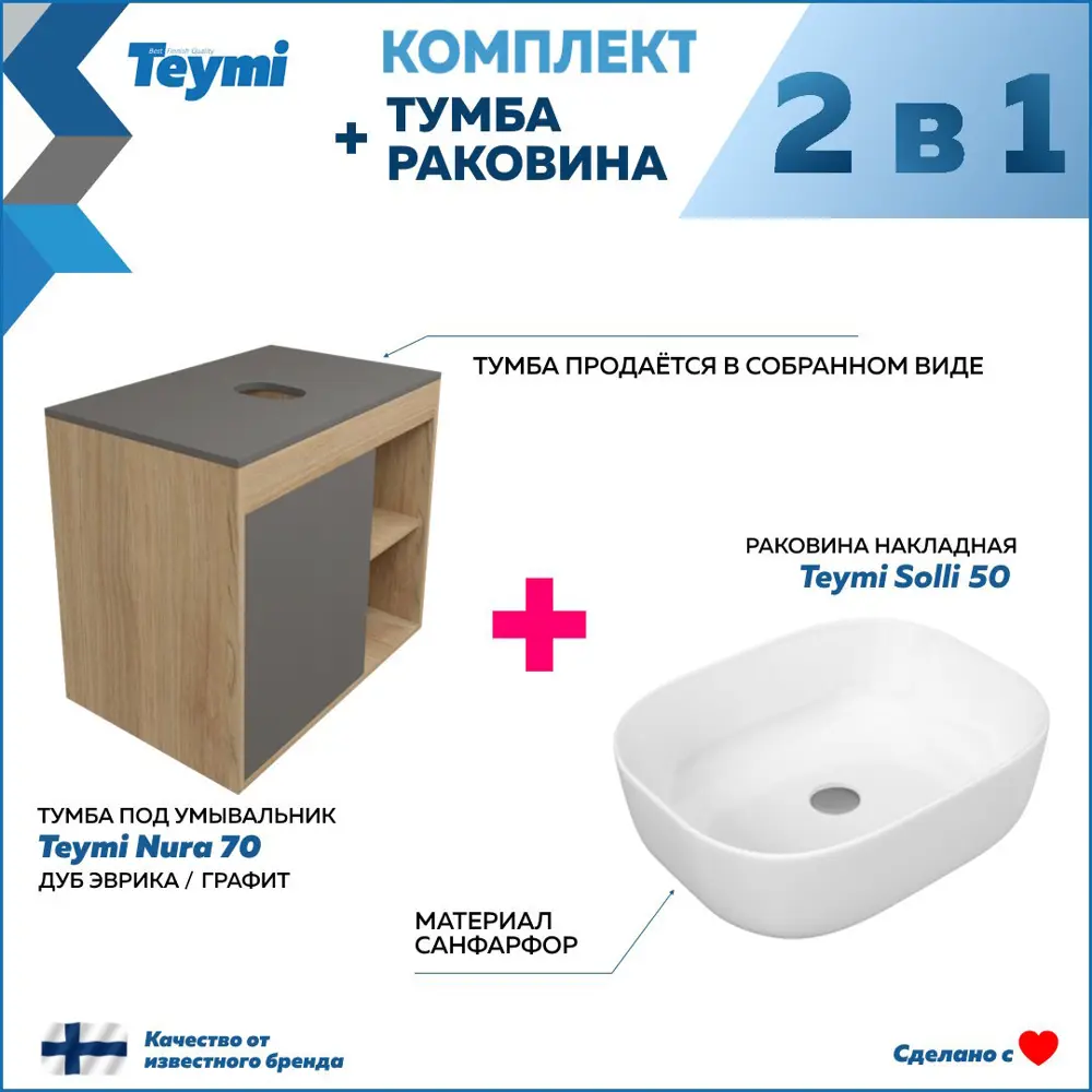 Фото 3 Комплект тумба под раковину Teymi Nura 70 дуб эврика/графит матовый и раковина Solli 50 F03514 Фото 3 Комплект тумба под раковину Teymi Nura 70 дуб эврика/графит матовый и раковина Solli 50 F03514