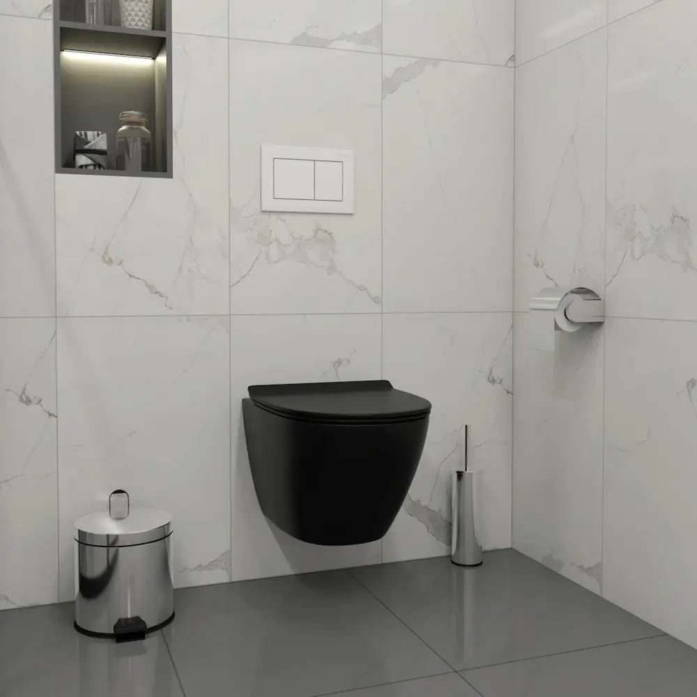 Фото 3 Инсталляция с унитазом комплект 5 в 1 Teymi F14973 унитаз подвесной безободковый торнадо черный Lina Pro Vortex Black кнопка белая