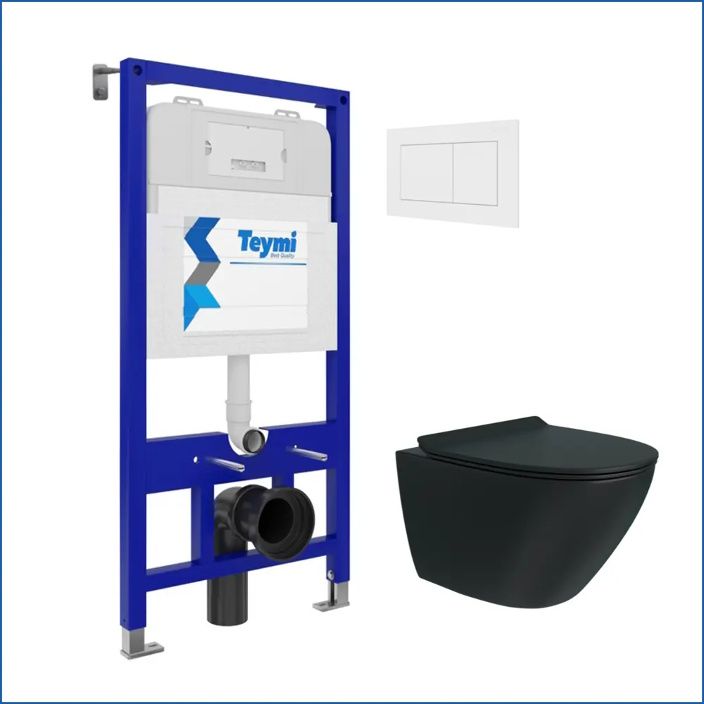 Фото 2 Инсталляция с унитазом комплект 5 в 1 Teymi F14973 унитаз подвесной безободковый торнадо черный Lina Pro Vortex Black кнопка белая