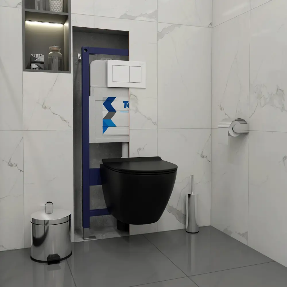 Фото 4 Инсталляция с унитазом комплект 5 в 1 Teymi F14973 унитаз подвесной безободковый торнадо черный Lina Pro Vortex Black кнопка белая