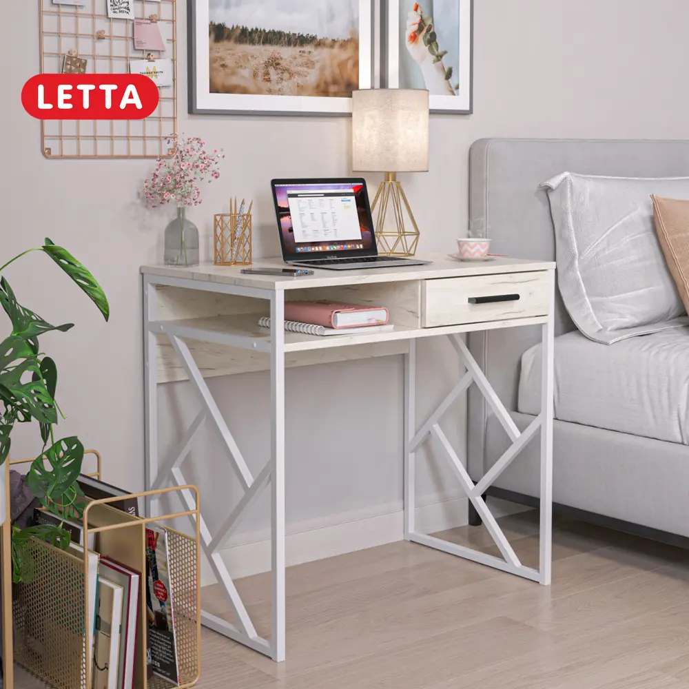 Фото Письменный стол Letta Frame New с ящиком и полкой 80x76x51 см металл цвет белый/крафтовый дуб Фото Письменный стол Letta Frame New с ящиком и полкой 80x76x51 см металл цвет белый/крафтовый дуб