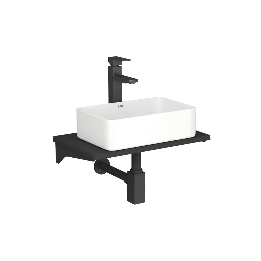 Фото Комплект BAUEDGE BF1063: столешница кварц 50 см с кронштейнами раковина Hotel mini 37x23, смеситель Hotel Black черный, выпуск и сифон Stil Фото Комплект BAUEDGE BF1063: столешница кварц 50 см с кронштейнами раковина Hotel mini 37x23, смеситель Hotel Black черный, выпуск и сифон Stil