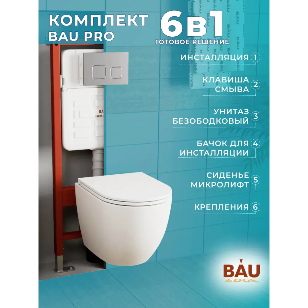 Фото Комплект BAUEDGE 152TOR 6в1: усиленная инсталляция IDEAL, унитаз безободковый SinteSi EVI Tornado быстросъемное сиденье микролифт, кнопка, темно-серый